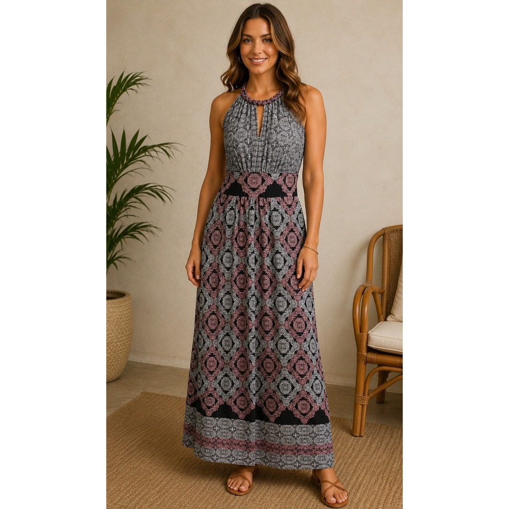 Wisp Comet Knit Maxi Dress Navy Pink Medallion Halter Petite 6P New‎ With Tags